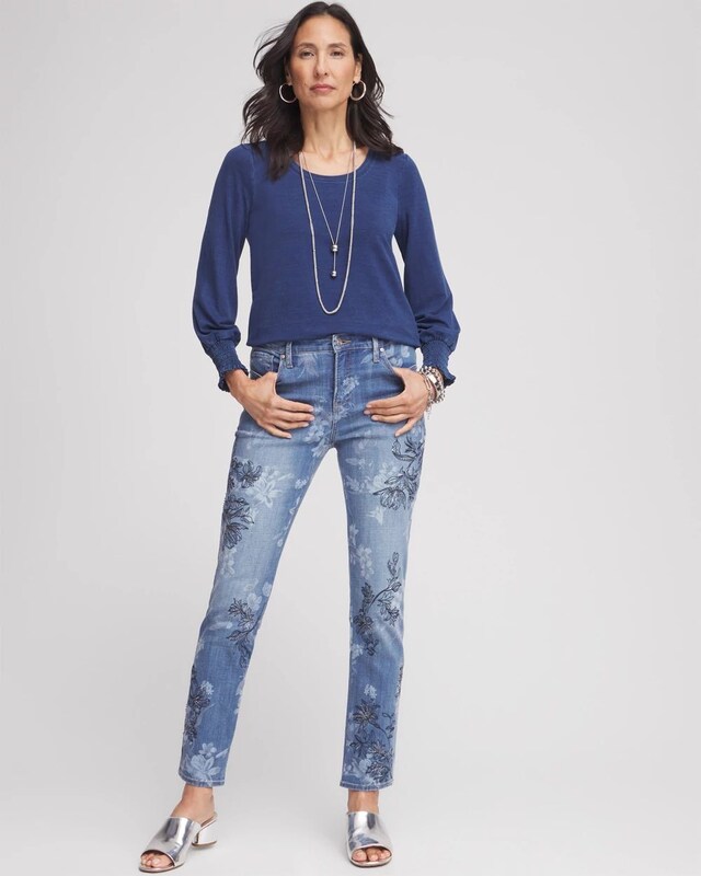 Faux Denim Smocked Sleeve Tee - image 2